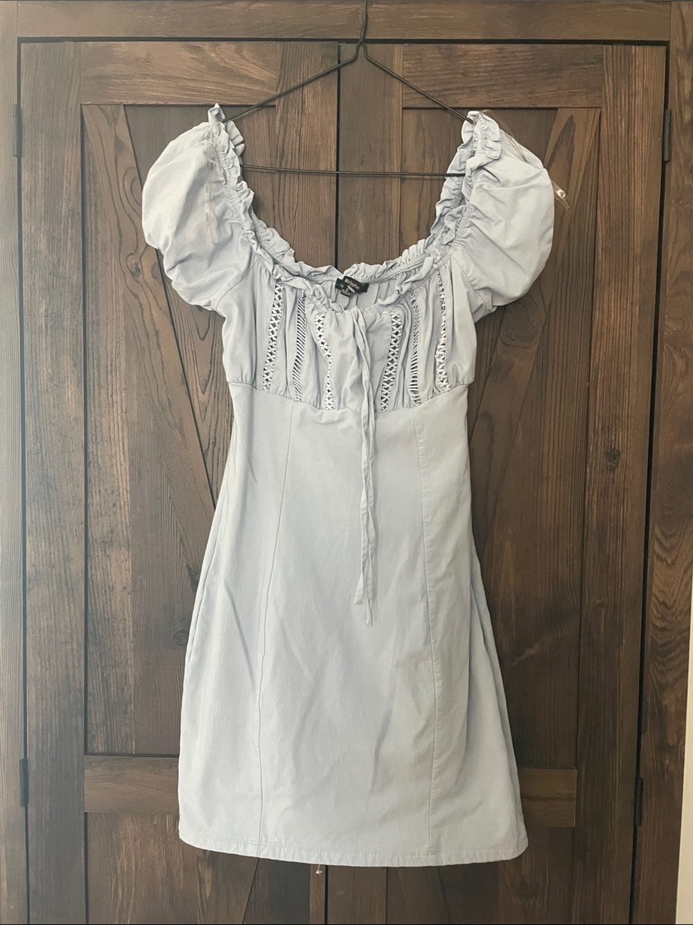 Puff Sleeve Light Blue Mini Dress with Lace Insets